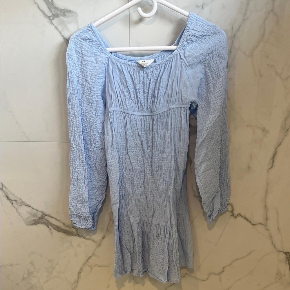 H&M Light Blue Crinkled Long Sleeve Dress